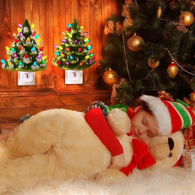 Tfro & Cile Ceramic Christmas Tree Night Light 2 Pack Xmas Decorative Tree Lamp Small Vintage Light Up Bathroom Decor with On/Off Switch for Home Bedroom