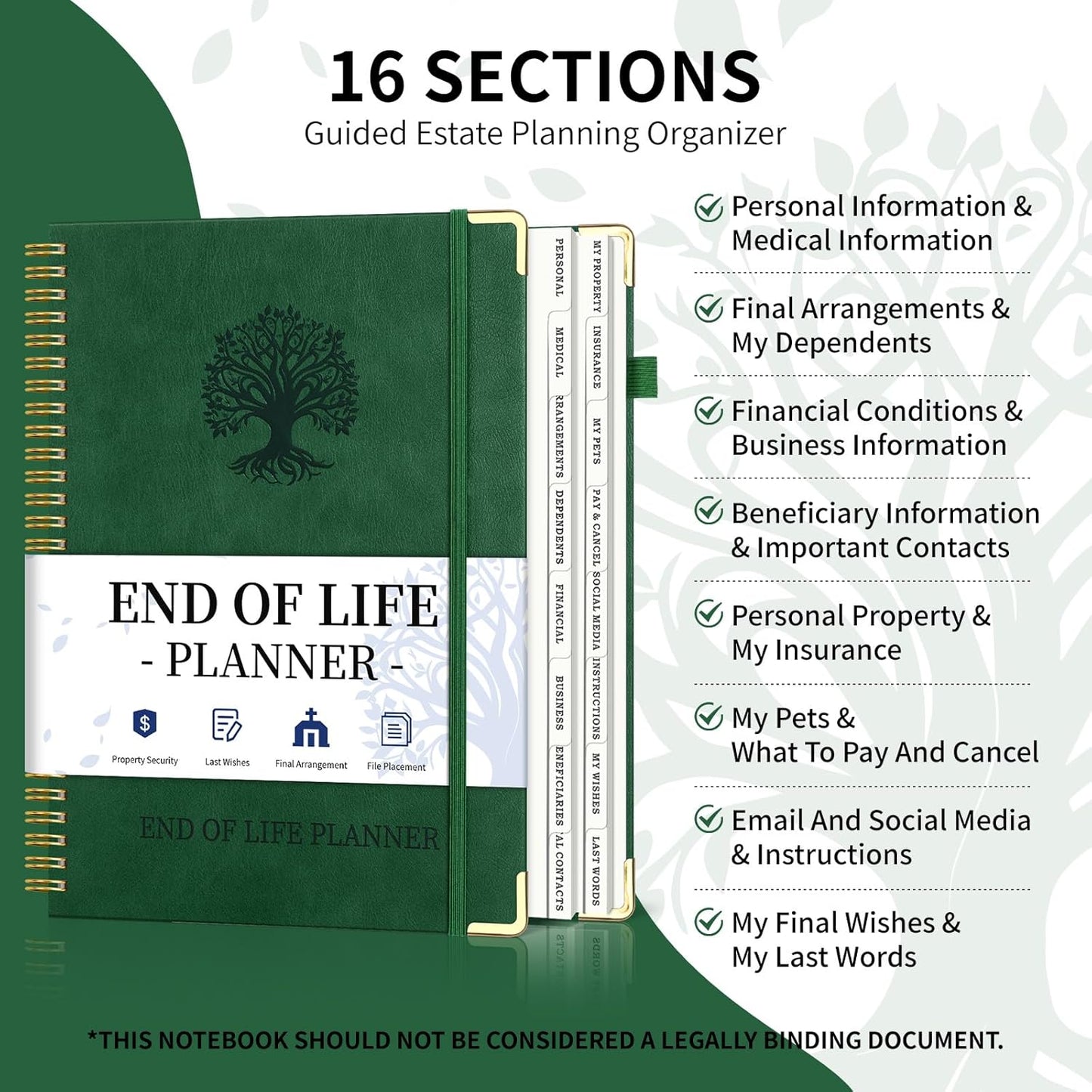 End of Life Planner, Spiral Estate Planning Organizer with Tabs for Senior, I'm Dead Now What Planner for Final Arrangements & Important Affairs with Large Print, 7.9"x10.4", Green