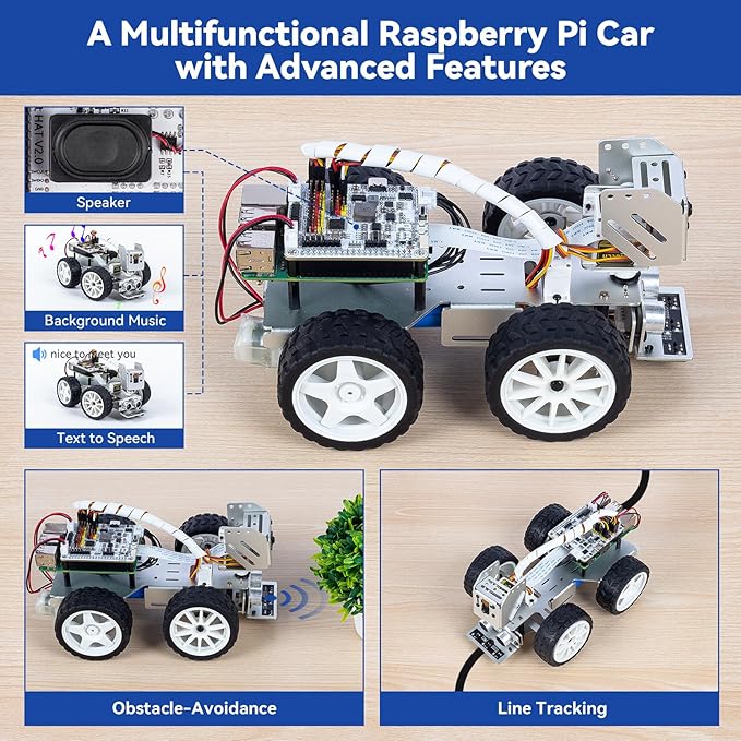 SunFounder Picar-X AI Video Robot Car Kit for Raspberry Pi 5/4/3B+/Zero 2w, LLMs ChatGPT-4o/Gemini/Grok, Voice&Video Recognition, Python, Scratch, Camera, Batterry (RPI NOT Included)