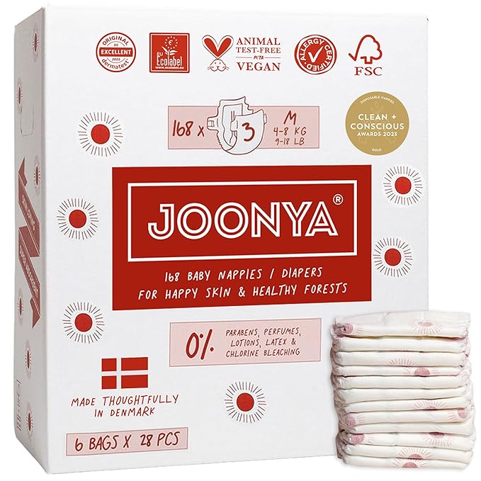 Joonya Baby Diapers, Size 3 M (9-18 lb) - 6 Bags of 28 (168) - New Range - NonToxic, Eco-Friendly, Ultra Slim, Overnight Use - Made in Denmark