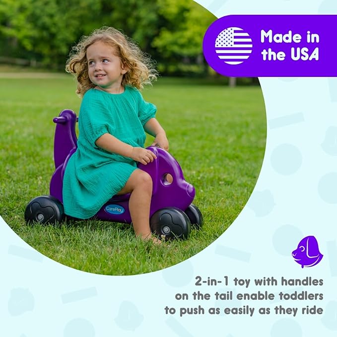 Careplay 2-in-1 Puppy Push & Ride-on Toy, Indoor & Outdoor Use, Low Profile Seat, Recommended for Children up to 50lbs, Durable Construction, Made in The USA (Purple)