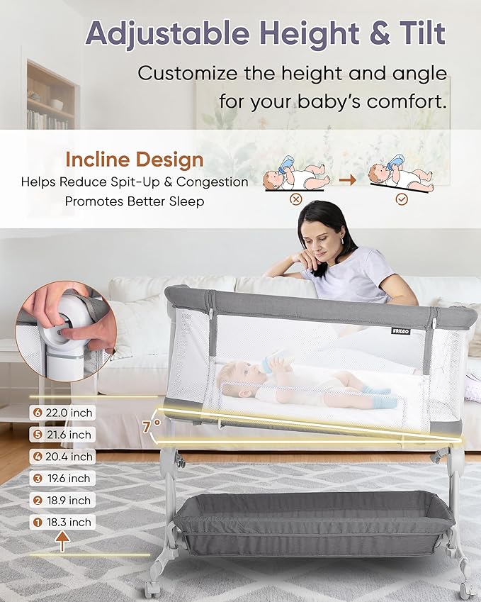 KRIDDO 2-in-1 Baby Bassinet for Infant, Bedside Bassinet with All-around Breathable Mesh, Lockable Wheels, Adjustable Height and Incline, Bedside Sleeper for Baby with Large Storage Basket, Light Grey