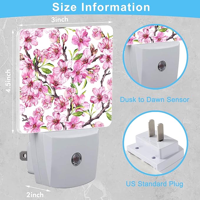 Spring Flowers Blossom Plug in Night Light with Auto Dusk to Dawn Sensor,Warm Night Lights for Boys Girls Bedroom Bathroom Hallway Kids Room Gifts