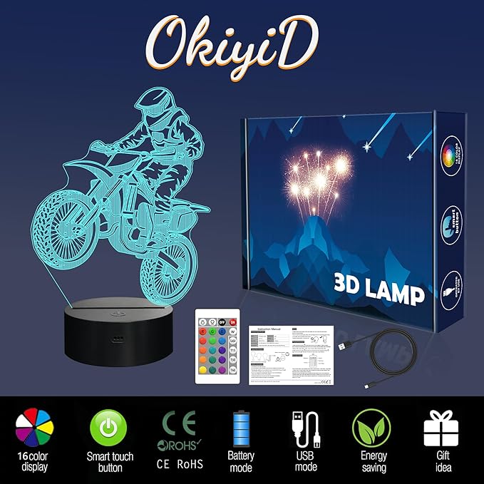 Dirt Bike Gifts for Boy, 3D Illusion Lamp, 3D Dirt Bike Night Light with 16 Colors Remote and Touch Control, Motor Bike Decor for Kids Room, Girls Birthday Gifts