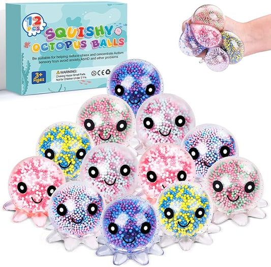 12 Pack Fidget Stress Balls for Adults, Cute Octopus Stress Relief Stress Ball, Bulk Squishy Squeeze Ball Set and Birthday Party Favors