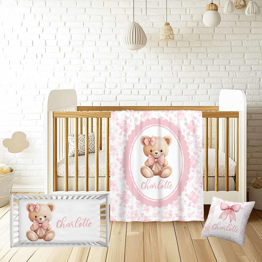 Custom Name Baby Girl Crib Bedding Set – Personalized 3-Piece Bear with Pink Bow Nursery Set with Soft Blanket, Fitted Crib Sheet & Pillowcase – Infant Toddler Bedding Gift for Newborn
