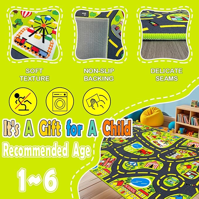 Kids Car Rug Play Mat (2.6x5 Feet) x2pcs, City Road Track Rug for Kids Race Car Track Carpet & Educational