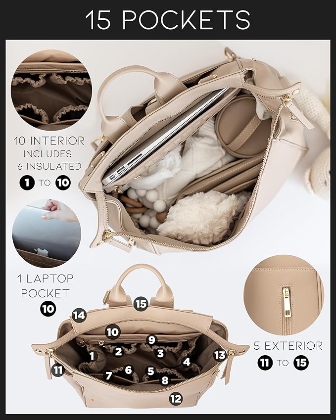 MIA + SOPHIA Leather Diaper Bag Backpack with USB Charging port, Changing Pad, Stroller Straps, and Bottle Holder(Beige Sophia)