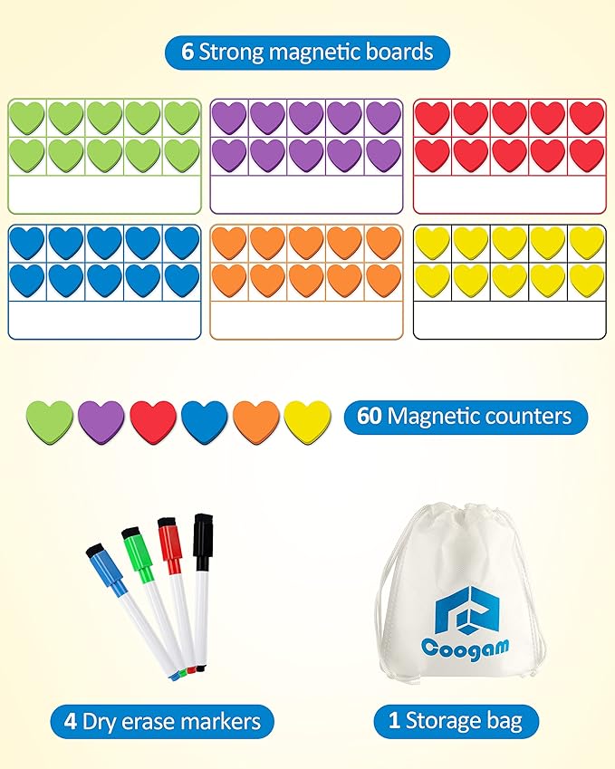 Coogam Magnetic Ten Frame Set, Math Manipulative Games for Kids with 6 Ten Frames 60 Magnetic Math Counters, Montessori Educational Toy Gift for Preschool Kindergarten 3 4 5 Year Old Toddlers