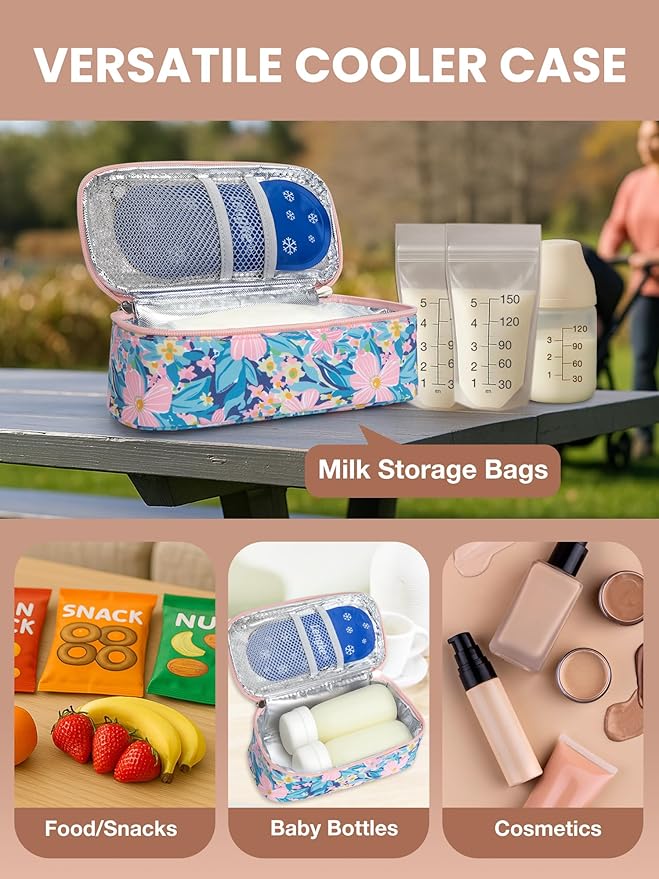 Breast Milk Cooler Travel Bag, Real-Time Temperature Display, Holds 4-6 Breastmilk Storage Bag with 2 Breast Milk Ice Pack, Cooling & Waterproof Portable Cooler for Moms on The Go(Pink Flower)