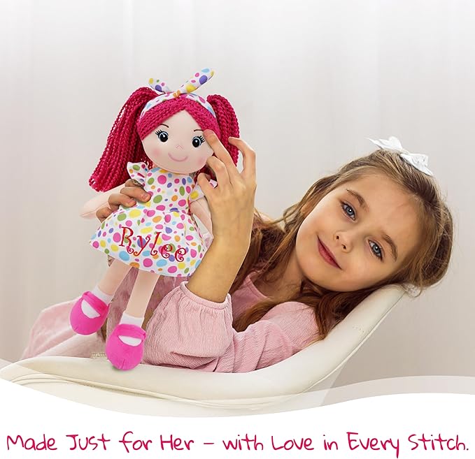 June Garden Personalized Bella Doll – Embroidered Name Soft Plush Doll – Custom Gift for Girls – Choose Name, Font & Thread Color – Available in 14", 18", and 23" Sizes