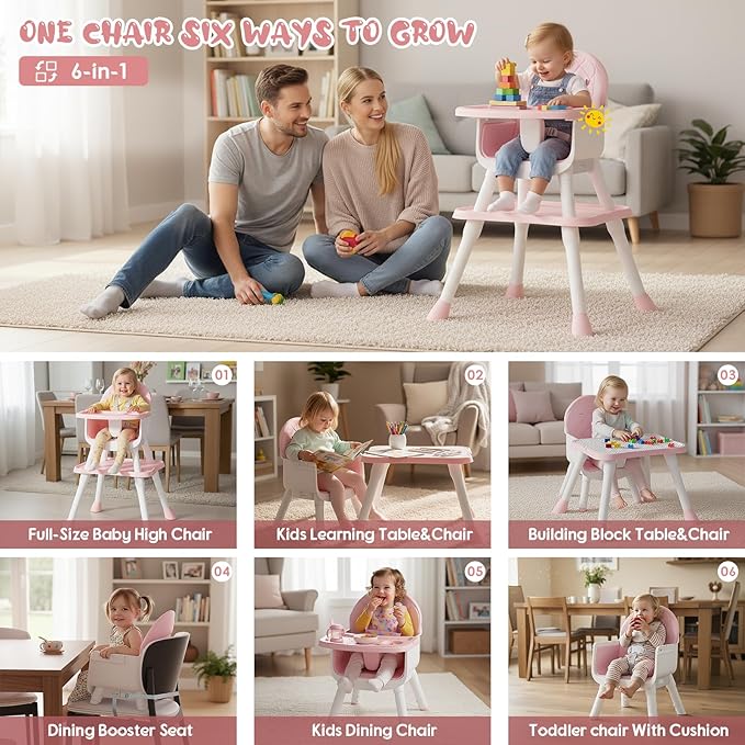 6 in 1 Baby High Chair, Convertible Highchair for Babies and Toddlers (Pink)