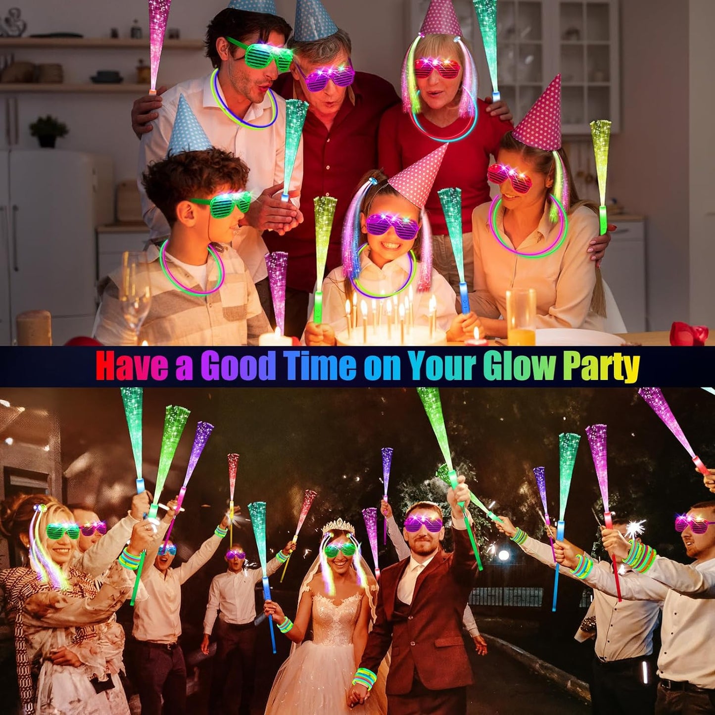 148 PCS Glow in the Dark Party Supplies, 16 PCS Glow Fiber Optic Wands, 14 PCS LED Glasses, 100 PCS Glow Sticks and 18 PCS LED Hair Clips Fiber Optic for Glow Party, Wedding, Concert, Birthday