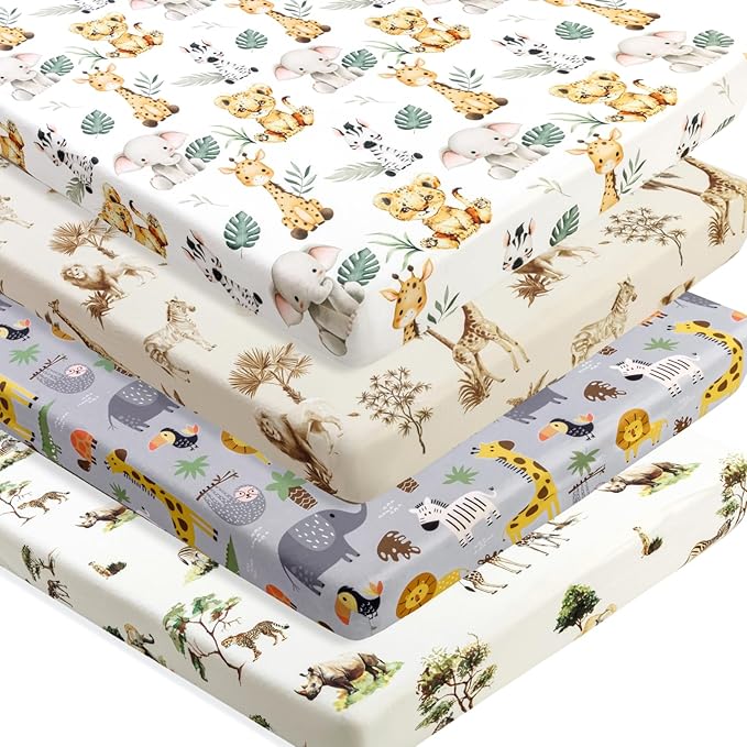 4 Pack Safari Jungle Animals Neutral Unisex Fitted Nursery Baby Sheets Set Toddler Mattress Sheets for Baby Boys or Girls (Pack N Play Sheets)