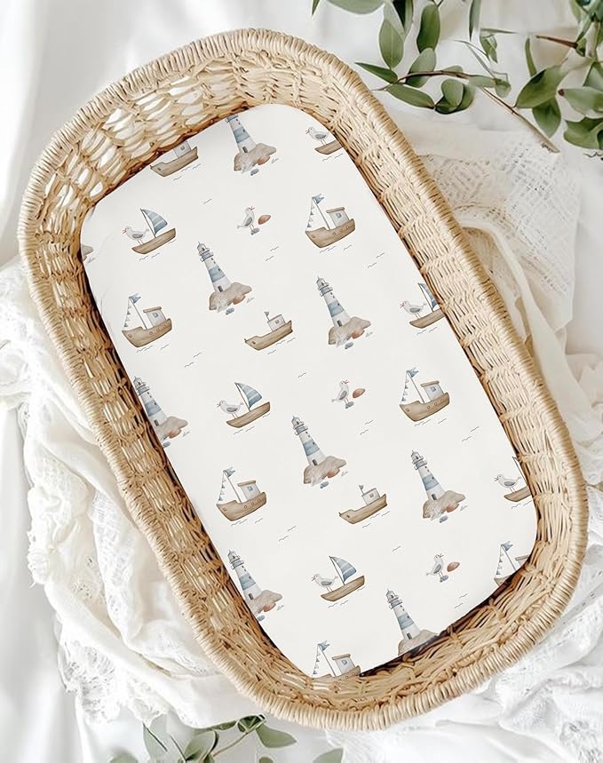 Bassinet Sheets for Baby Girls Boys 2 Pack, Fitted Baby Mattress Sheet for Rectangle, Oval, Hourglass Bassinet Mattress, Breathable Cozy & Universal Fit (Sailing Waves)