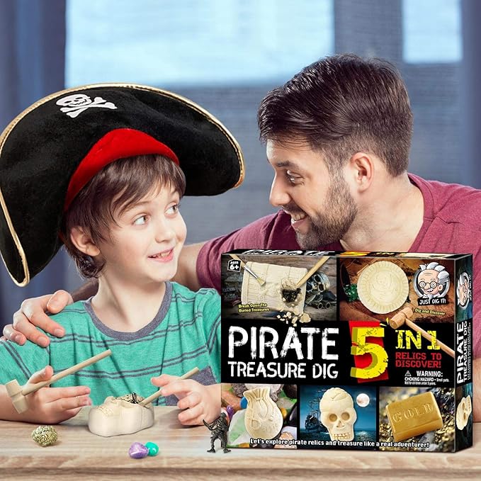 XXTOYS Pirate Treasures Dig Kit Break Into 5 Bricks Treasure Excavation Kits Pirate Toys Gems Dig Kits Interactive Excavating Toys Great Birthday Gift Party Supplies Archeology Educational STEM Kits