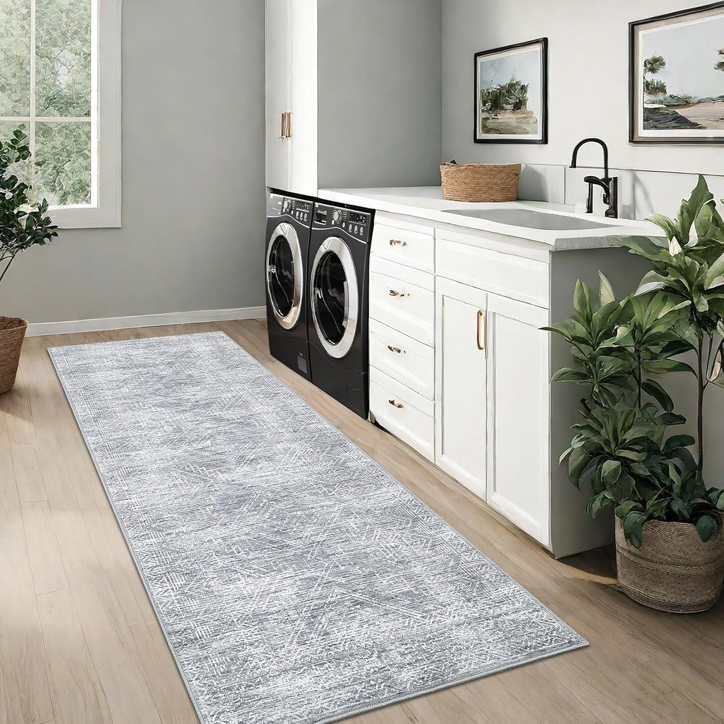 COZYLOOM 2x6 Runner Rug Hallway Modern Washable Distressed Accent Carpet with Non-Slip Backing, Ultra-Soft Contemporary Geometric Floor Mat for Living Room, Kitchen, Bedroom, Grey