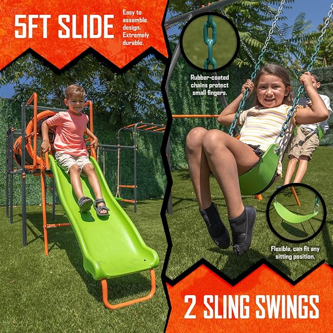 Jungle Warrior Big Cat Metal Swing Set: Adjustable Swings, 5ft Wavy Slide, Mesh Tunnel, Flying Saucer, Monkey Bars - Orange, Green and Grey - Exceeds ASTM Safety Standards