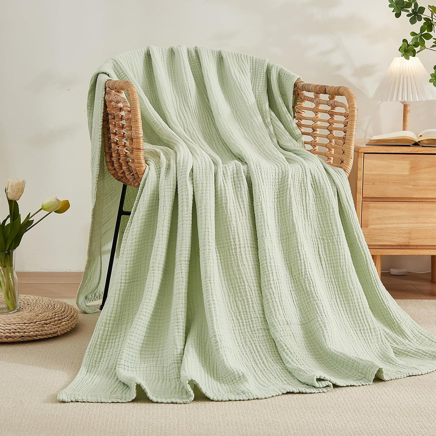 EMME Cotton Blanket Twin Size 100% Muslin Soft, Breathable Gauze, All Season, Pre-Washed (Mint Green, 60"x80")