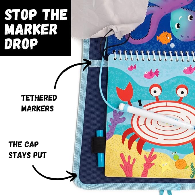 Totebook Kids Travel Educational Activity Book with Washable Markers - Car and Airplane Activities, Learning Toys for Toddlers- Reusable Stickers for Ages 4, 5, 6 (Ocean & Extra Princess Book)