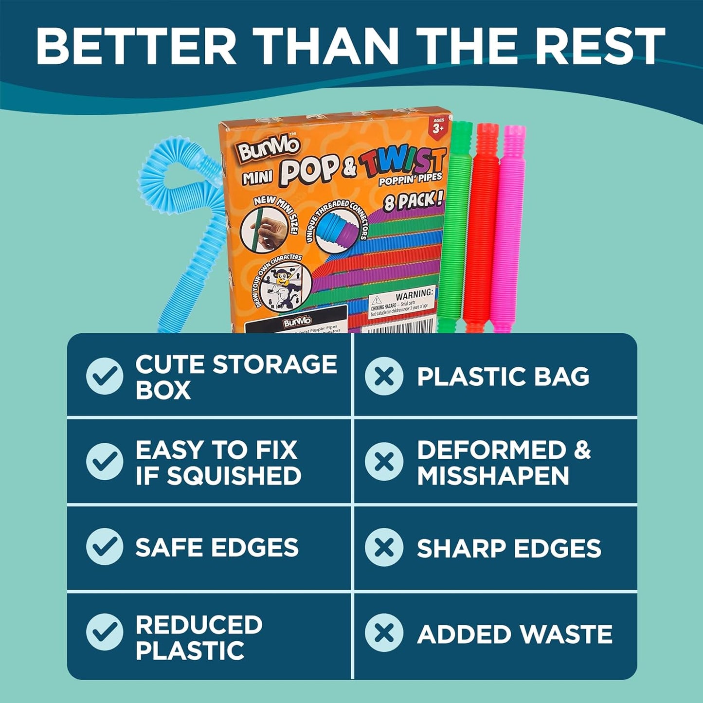 BUNMO Pop Tubes - Sensory Toys - Toddler Toys - Imaginative Play & Stimulating Creative Learning - Hours of Fun for Kids - Tons of Ways to Play - Connect, Stretch, Twist & Pop - 8 Pack Small