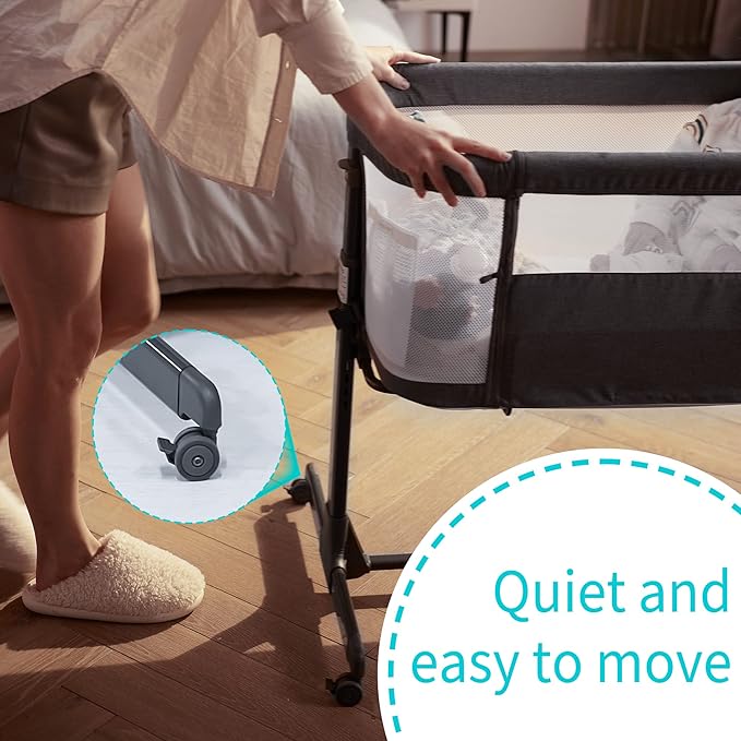 AMKE Baby Bassinet Bedside Sleeper, Portable Bassinet with Wheels, 6-Height Adjustable & Fold Down Side, Full Breathable Mesh Bedside Crib for Baby with Mattress Pad, Easy to Install, Dark Grey