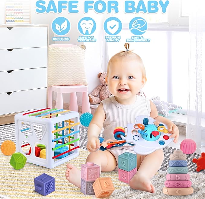 Baby Toys 6-12 Months, Montessori Toys,Baby Teething Toys, Sensory Bin Toy, Stacking Building Blocks & Rings Infants,Sorting Sensory Learning Gift for Toddlers for Toddlers 0-3-6-9-12 Month, 5 in 1