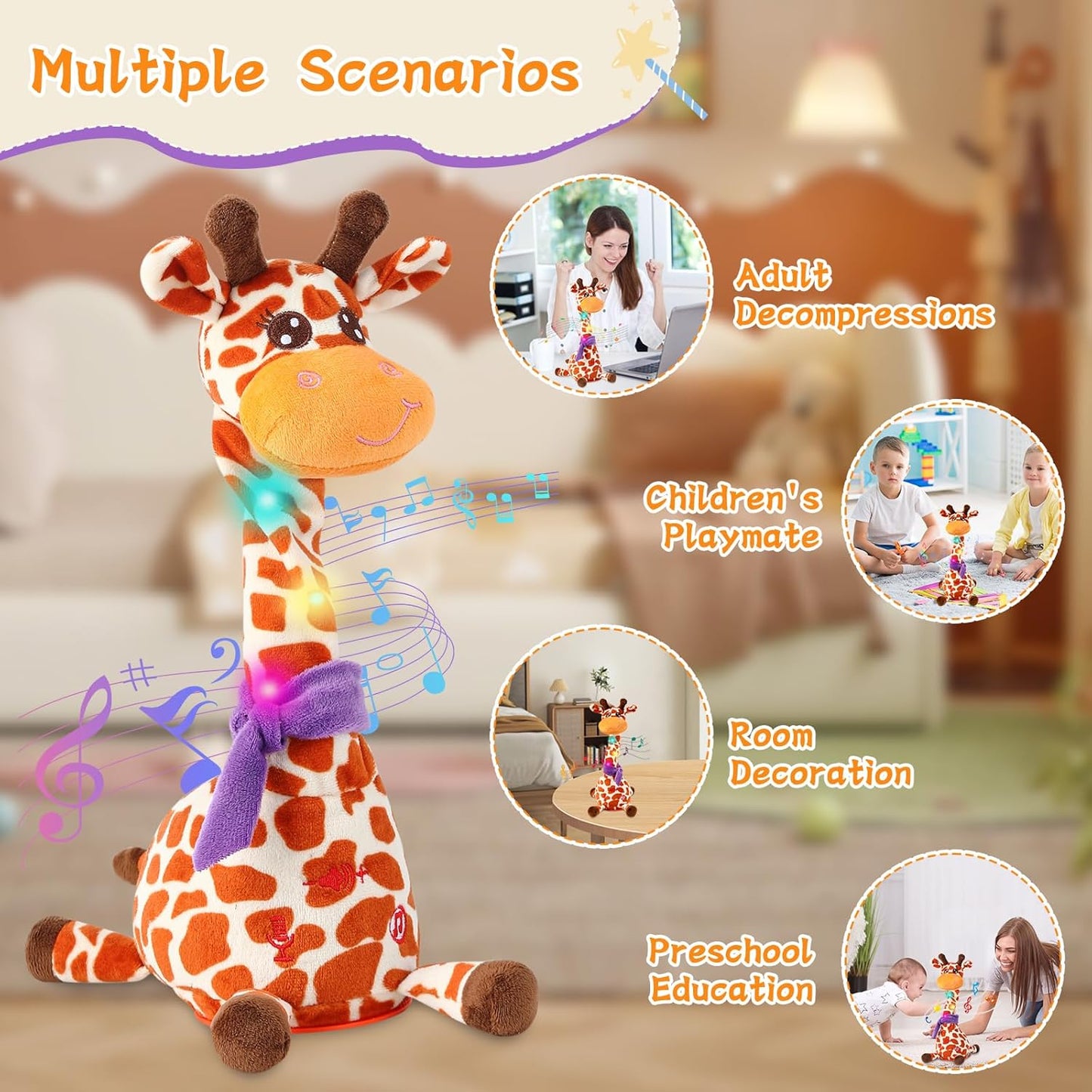 Dancing Talking Giraffe Toy, Stuffed Animal Toy Repeating What You Say, Glowing Musical Electronic Giraffe Gifts