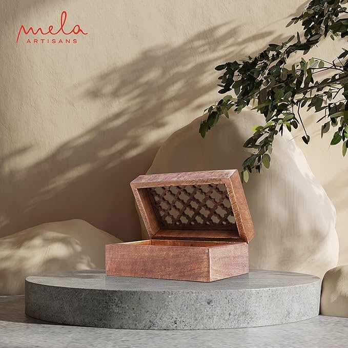 Mela Artisans Wooden Keepsake Box | Medium Polish Mango Wood Memory & Photo Storage Box with Hinged Lid | Decorative Storage Box | Medium | 7.5x4.5x3 Inch