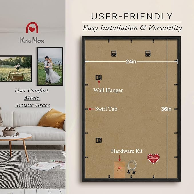 24x36 Poster Frame 2 Pack, Textured Black Solid Wood Picture Frame, Wall Hanging