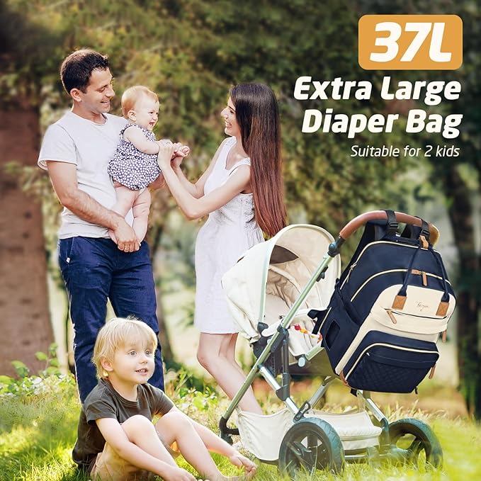 Diaper Bag Backpack - Extra Large Diaper Bag for 2 Kids Twin, Travel Baby Bags for Mom Dad 25-37L Expandable with Changing Pad Earphone Hole, Apricot Blue