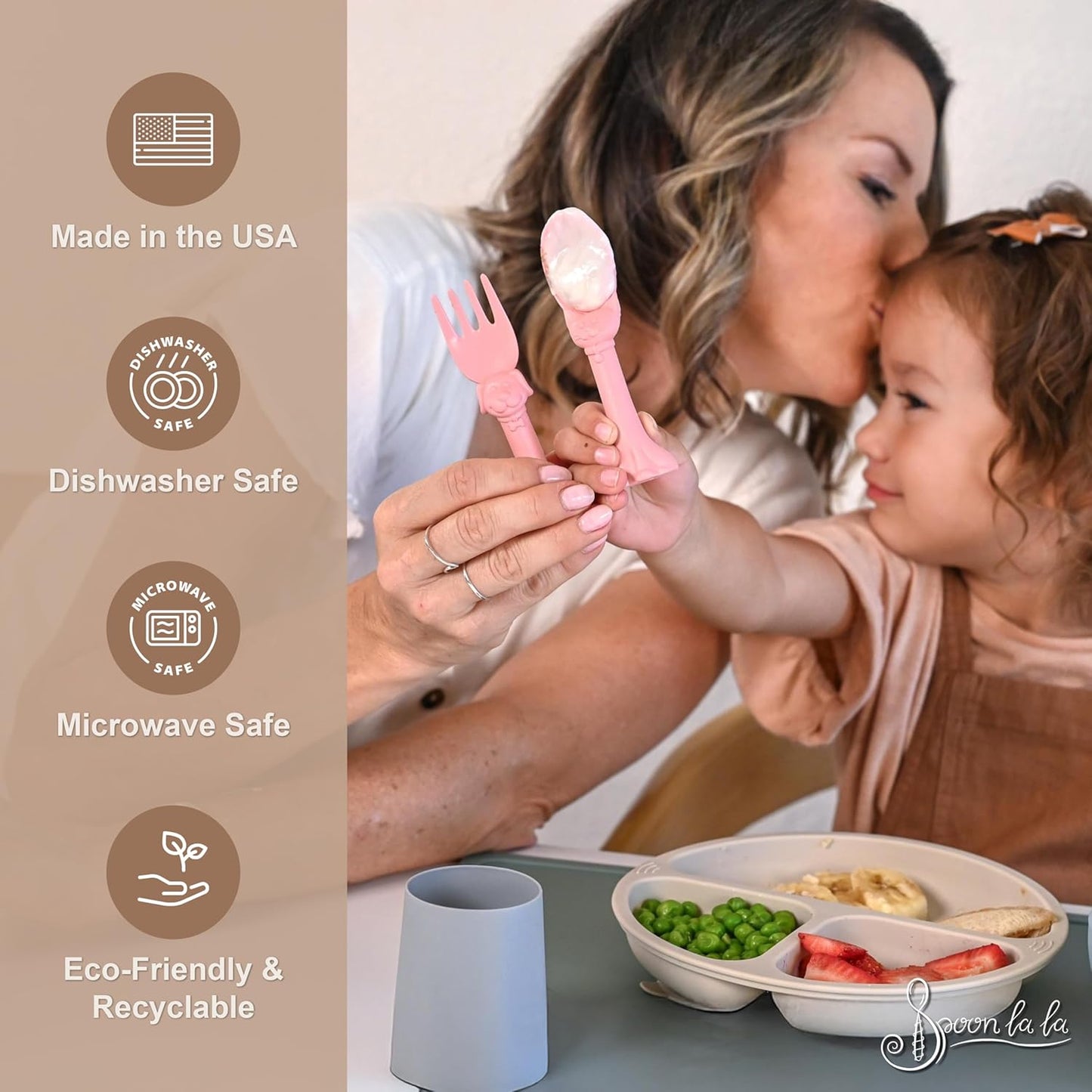 Made in USA Spoon la la Toddler Utensils Set - 6 Pack (3 Spoons & 3 Forks for Kids) - Self-Standing 3D Ergonomic Cat & Dog Handles - BPA-free, Dishwasher Safe, Baby Silverware (Blue, Pink, Mint)