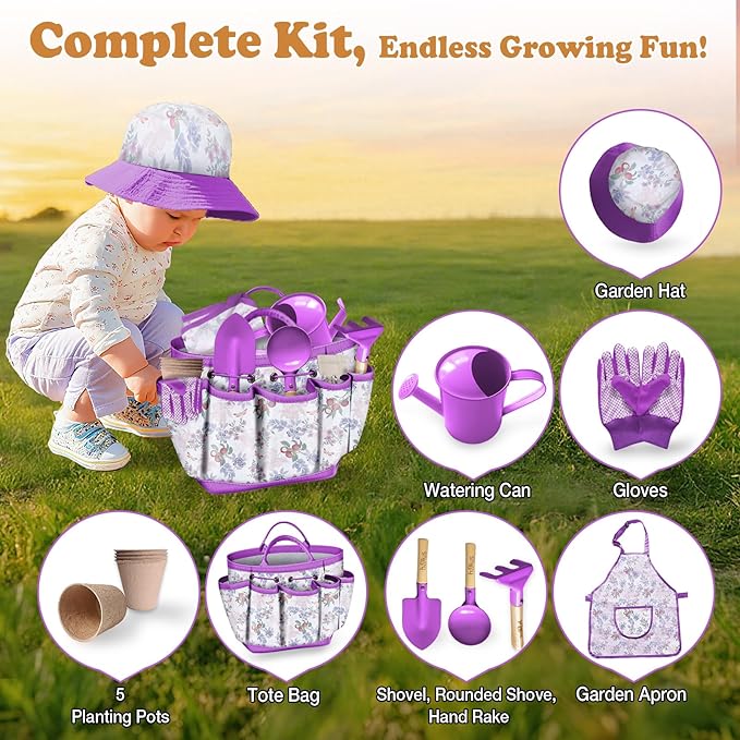 Kids Gardening Tool Set 18PCS Kids Toddler Gardening Set Includes Tote Bag Watering Can Apron Hat Rake Shovel Spoon Gloves Plant Pots and Labels, Outdoor Toys Gift for Boys Girls (Purple)