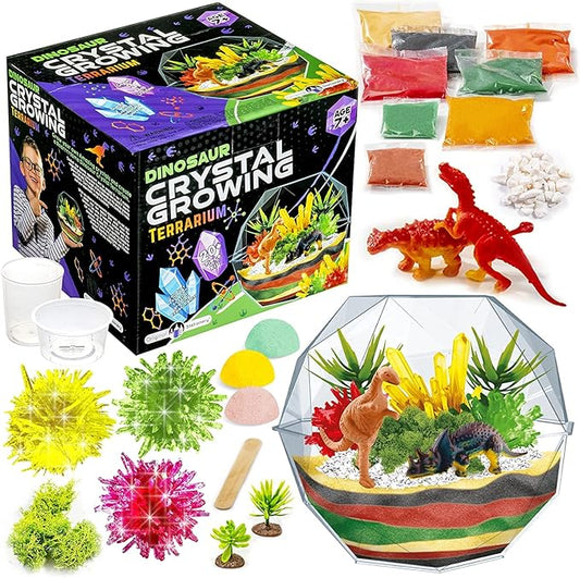 Original Stationery Dinosaur Crystal Growing Kit - Multicolor, 17-Piece, Ages 7 & Up - DIY Science Terrarium Kit with Moss & Dino Figures - Grow Your Own Crystals - Boys Birthday Gifts