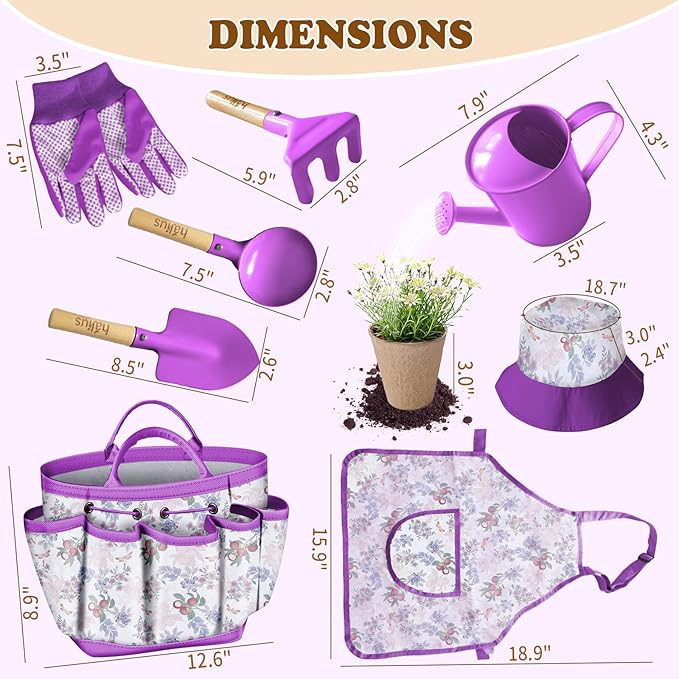 Kids Gardening Tool Set 18PCS Kids Toddler Gardening Set Includes Tote Bag Watering Can Apron Hat Rake Shovel Spoon Gloves Plant Pots and Labels, Outdoor Toys Gift for Boys Girls (Purple)