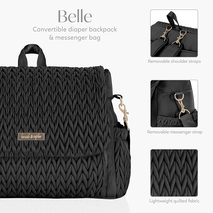 Hannah & Sophia Belle Convertible Baby Diaper Backpack & Bag in Black, Large Size, Dual Sided Water Resistant Changing Mat Included, Detachable Shoulder Straps, Easy To Use