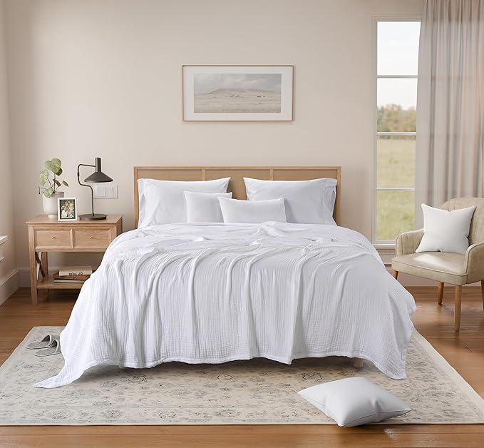 Threadmill Summer Queen Size Blanket| 4 Layer Cotton Gauze | Lightweight, Breathable, and Cozy for All Seasons | Versatile Muslin Blanket for Couch, Bed | White
