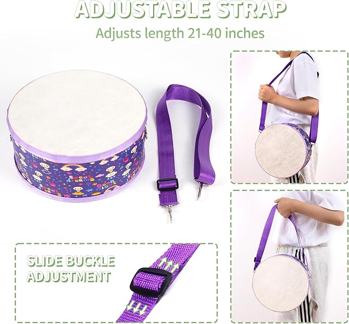 Kids Drum Set with Adjustable Strap: Toddler Musical Instrument for Ages 3-5, Wearable Drum Kit with Drumsticks, Educational Percussion Toy for Rhythm Music Development (Purple)