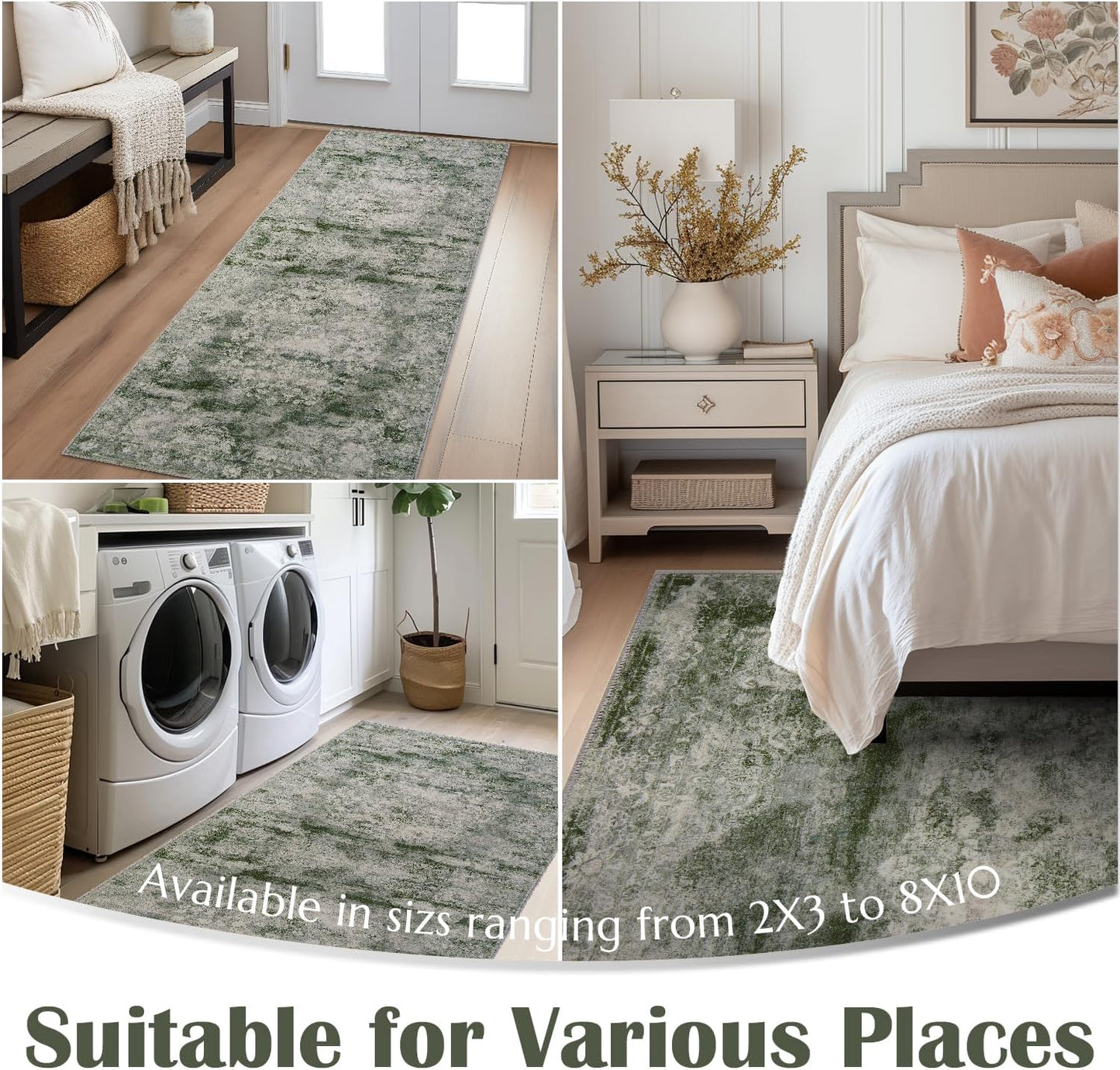 jinchan Green Runner Rug 2x5 - Machine Washable Vintage Floral Distressed Design Non-Slip Low-Pile Soft Thin Carpet for Hallway Kitchen Farmhouse Bedroom Entryway Laundry (2x5ft,Forest Green)