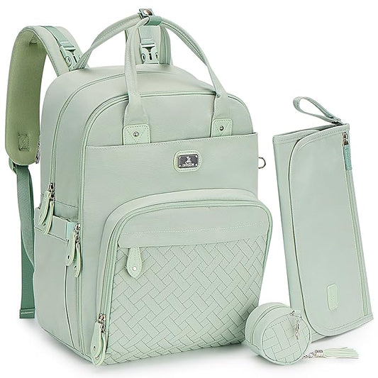 Dikaslon Diaper Bag Backpack with Portable Changing Pad, Pacifier Case and Stroller Straps, Large Unisex Baby Bags for Boys Girls, Multipurpose Travel Back Pack for Moms Dads, Mint Green