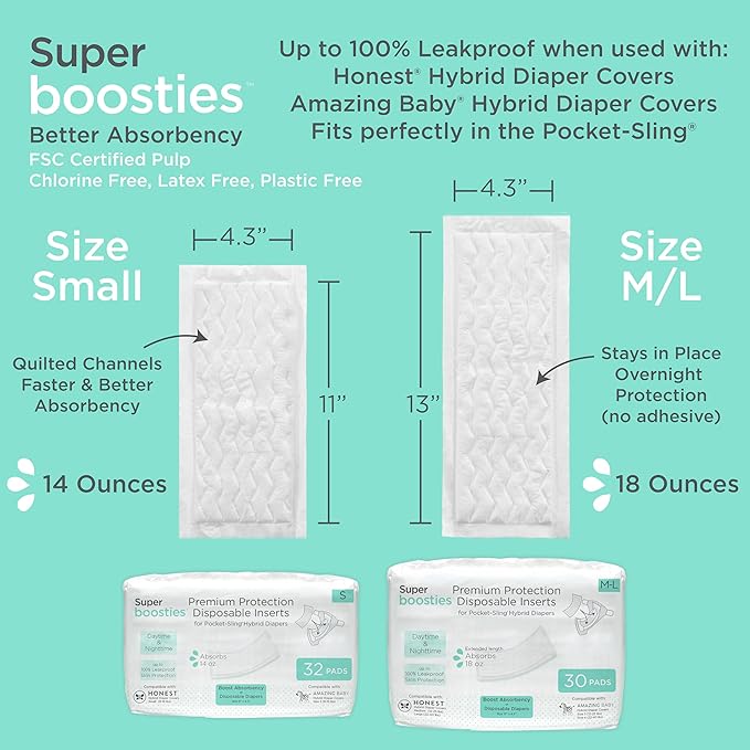 Super Boosties 96ct + Honest Hybrid Cloth Diaper Cover with Pocket-Sling, Small (8-15 lbs), Stops Nighttime Leaks, Boosties Disposable Diaper Inserts, Honest Cotton Muslin Covers, 3 Pack