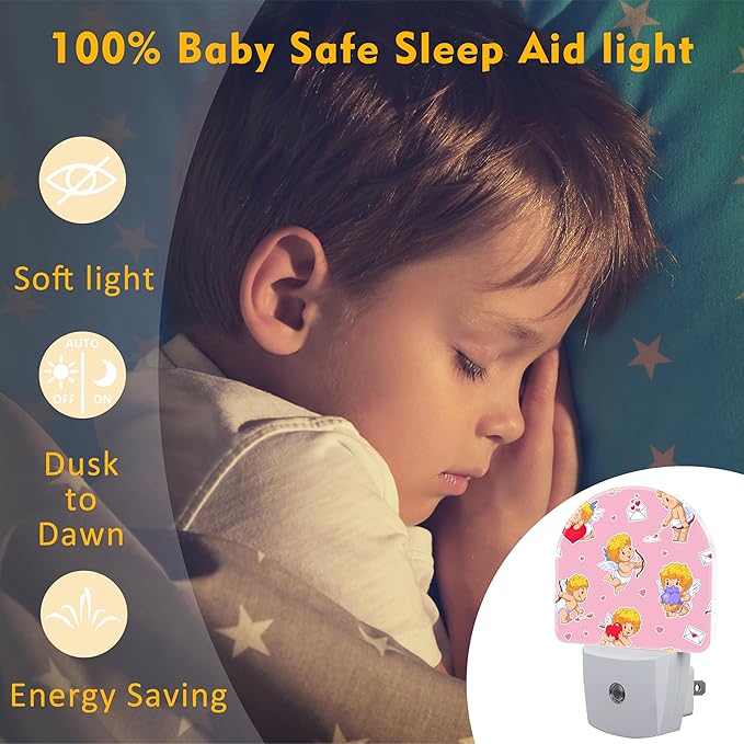 Valentine's Day Cupids with Bows Night Light for Kids,Cute Little Angels with Red Hearts Night Light Plug in with Dusk to Dawn Sensor,0.5w Energy Saving Nightlight for Hallway Stairway Kitchen Bedroom