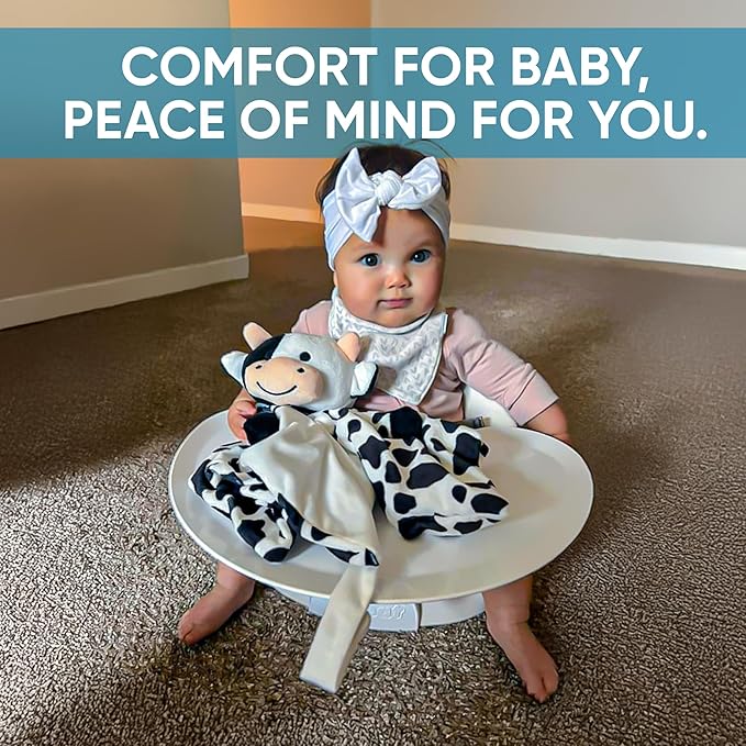 Baby Sleep Soother Black & White Cow Plush with Heartbeat & Lullaby Sounds, 4-in-1 Sound Machine, Security Blanket & Pacifier Holder, Baby Registry Essential & Christmas Gift for Newborns & Infants