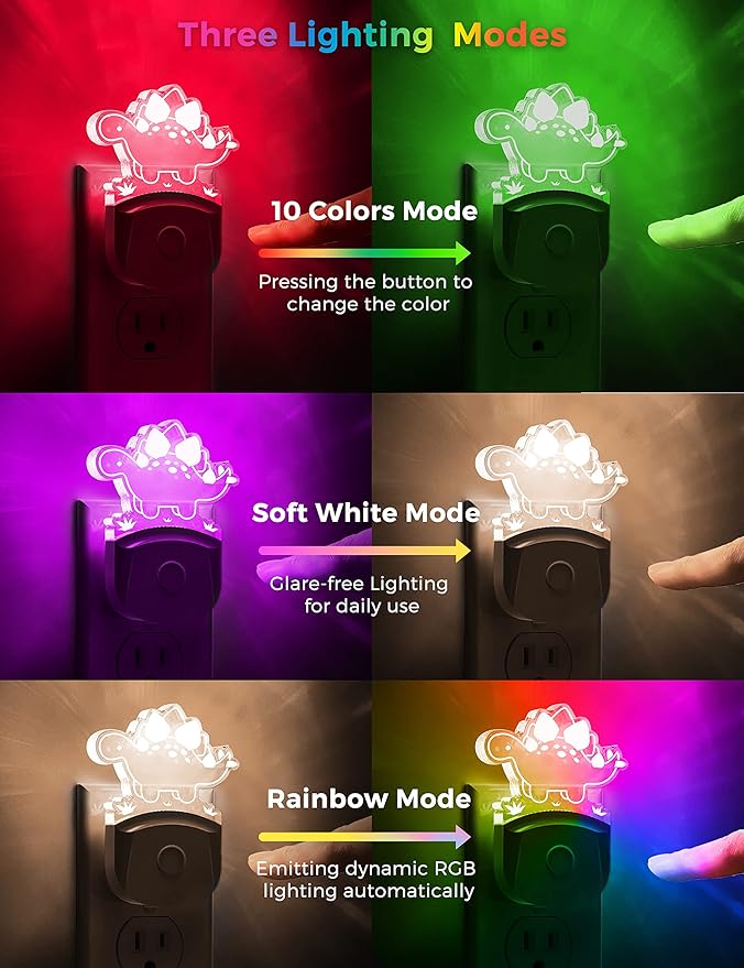 LOHAS Dinosaur Night Light for Boys, Kids Nightlight Plug in, Dusk-to-Dawn, Stegosaurus LED Night Lights Plug into Wall, RGB+Soft White 3000K, 3 Lighting Modes, Ideal for Nursery, Room Decor