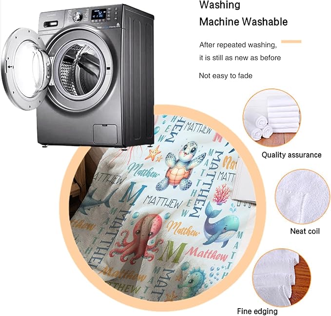 Personalized Baby Blanket for Girls Boys Kids Turtle Sea Animals Custom Baby Blanket with Name Throw Birthday Gift for Toddlers Infants Shower Newborns Nursery Stroller Crib Bed Decor