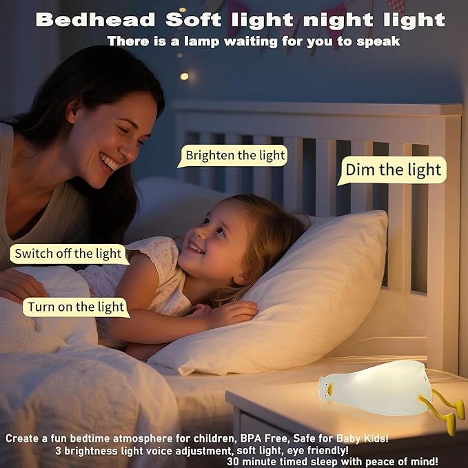 HAPPYBAG Cute Lying Flat Duck Night Light,Voice Control Fun Duck Lamp,LED Squishy Duck Light Soft Silicone Dimmable Nursery Nightlight Rechargeable Bedside Touch Lamp Baby Kids Room Decor