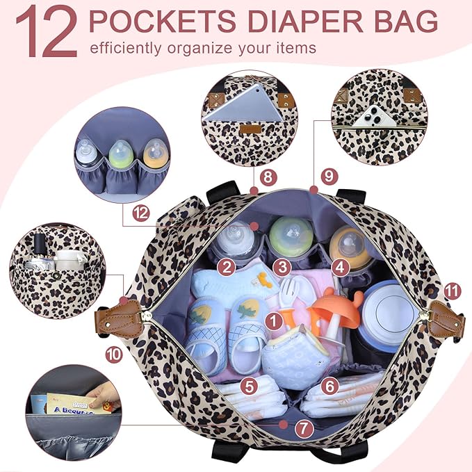 Diaper Bag Tote - Diaper Baby Bags with Pacifier Case, Shoulder Straps, Stroller Clips, Waterproof Large Mommy Maternity Travel Baby Bag for Mom and Dad, Leopard Print