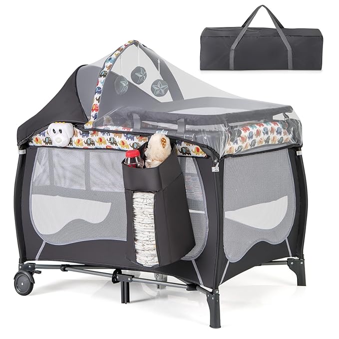 HONEY JOY Pack and Play, 4 in 1 Portable Baby Playard w/Bassinet, Changing Table, Lockable Wheel, Music, Foldable Travel Baby Crib Nursery Center from Newborn to Toddler(Gray, Elephant)