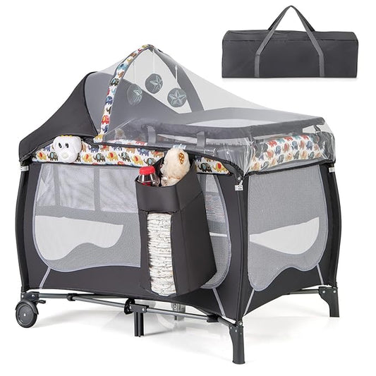 HONEY JOY Pack and Play, 4 in 1 Portable Baby Playard w/Bassinet, Changing Table, Lockable Wheel, Music, Foldable Travel Baby Crib Nursery Center from Newborn to Toddler(Gray, Elephant)