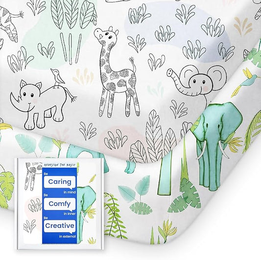 Mini Crib Sheets Boy Girl, Ultra Soft Pack N Play Sheets Fitted, Neutral Pack and Play Mattress Sheets, Premium Jersey Knit Portable Crib Sheets, Secure and Cute, Elephant & Cartoon Safari